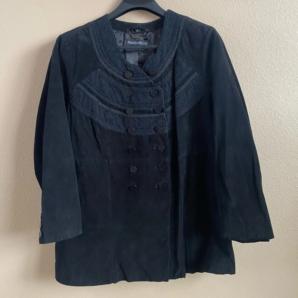 Pamela McCoy Womens Size 3X Black Crochet‎ Suede Leather Military Jacket Coat